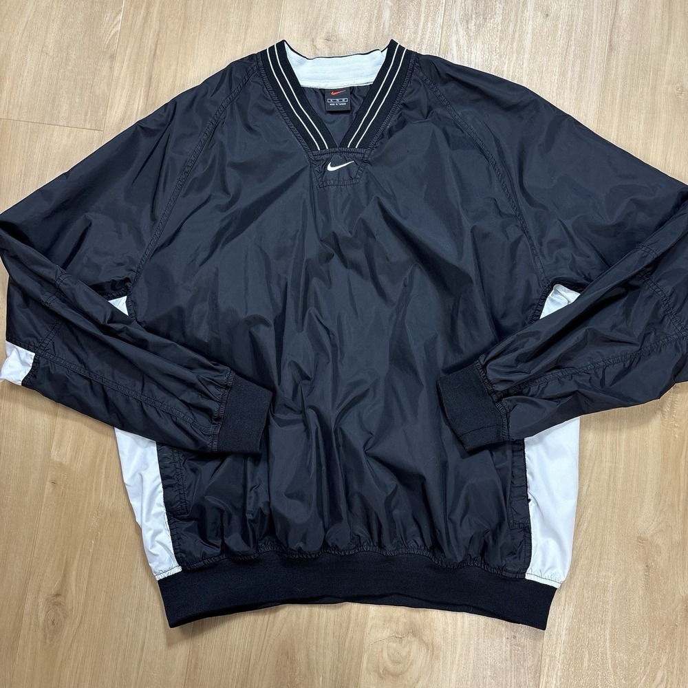 Nike Pullover 90s Windbreaker Center Swoosh V Neck Women's XL Jacket Black
